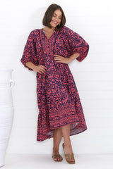 Kamali Midi Dress - Batwing Sleeve Smock Dress with Lace Detailing in Tayler Print Pink