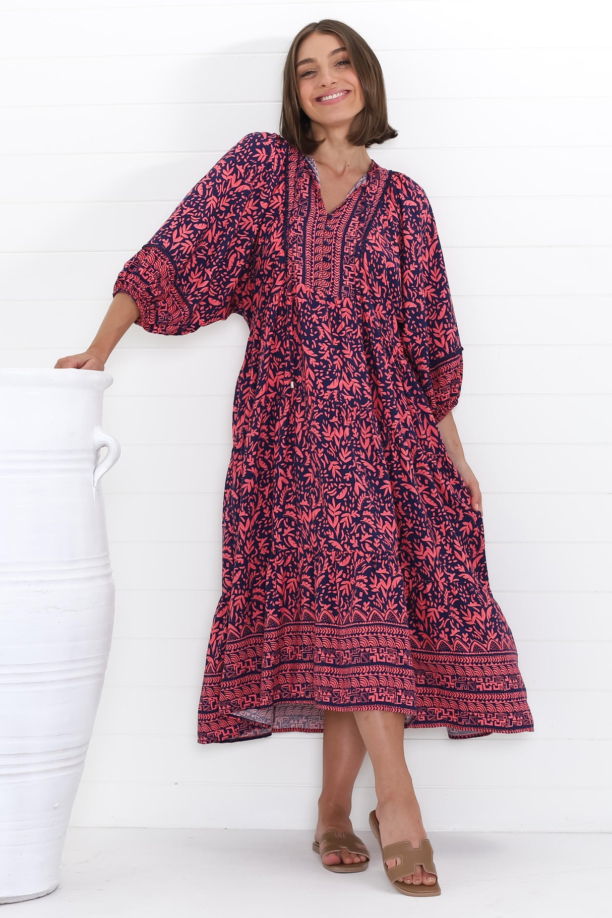 Kamali Midi Dress - Batwing Sleeve Smock Dress with Lace Detailing in Tayler Print Pink