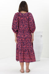 Kamali Midi Dress - Batwing Sleeve Smock Dress with Lace Detailing in Tayler Print Pink