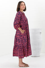 Kamali Midi Dress - Batwing Sleeve Smock Dress with Lace Detailing in Tayler Print Pink