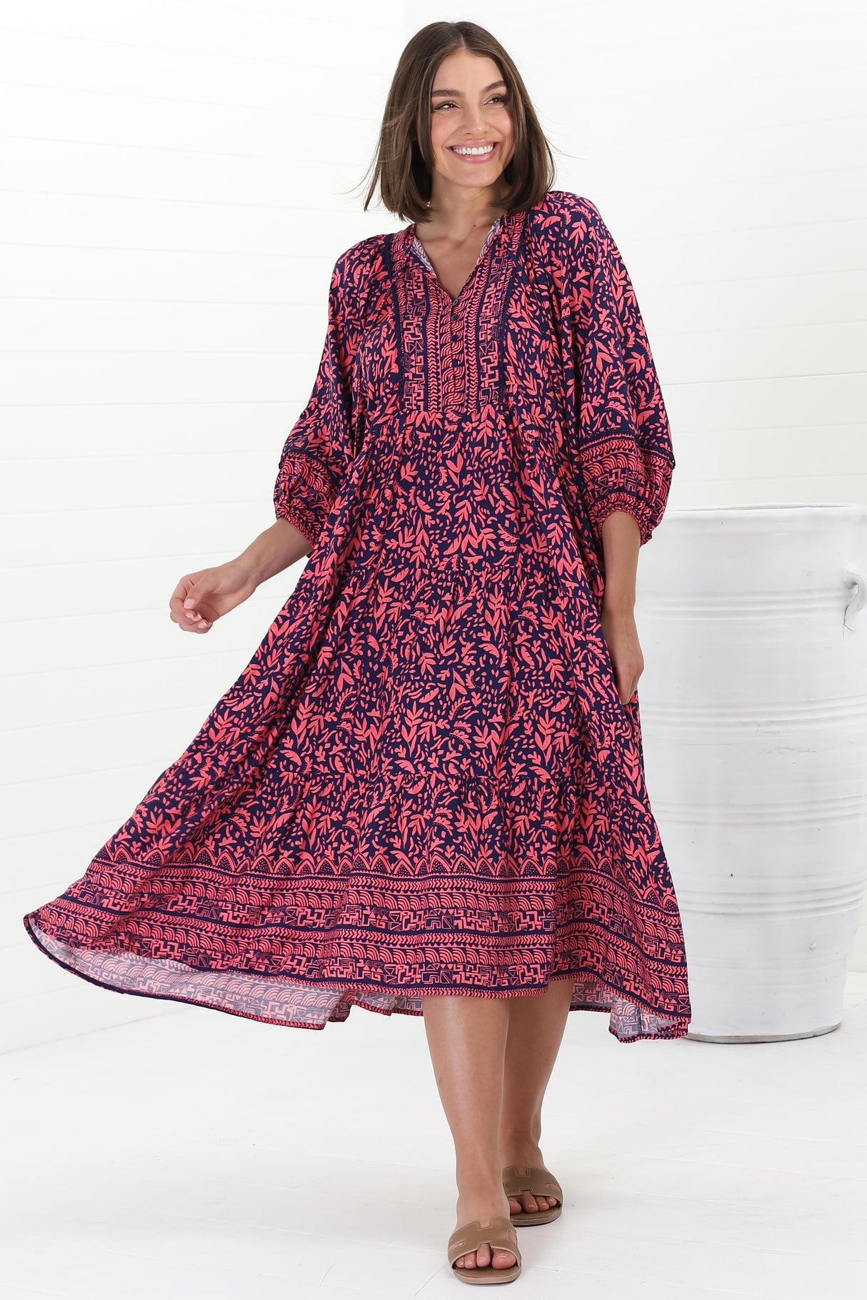 Kamali Midi Dress - Batwing Sleeve Smock Dress with Lace Detailing in Tayler Print Pink