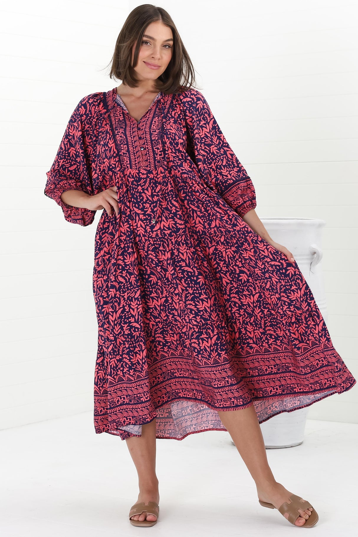 Kamali Midi Dress - Batwing Sleeve Smock Dress with Lace Detailing in Tayler Print Pink