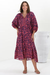 Kamali Midi Dress - Batwing Sleeve Smock Dress with Lace Detailing in Tayler Print Pink