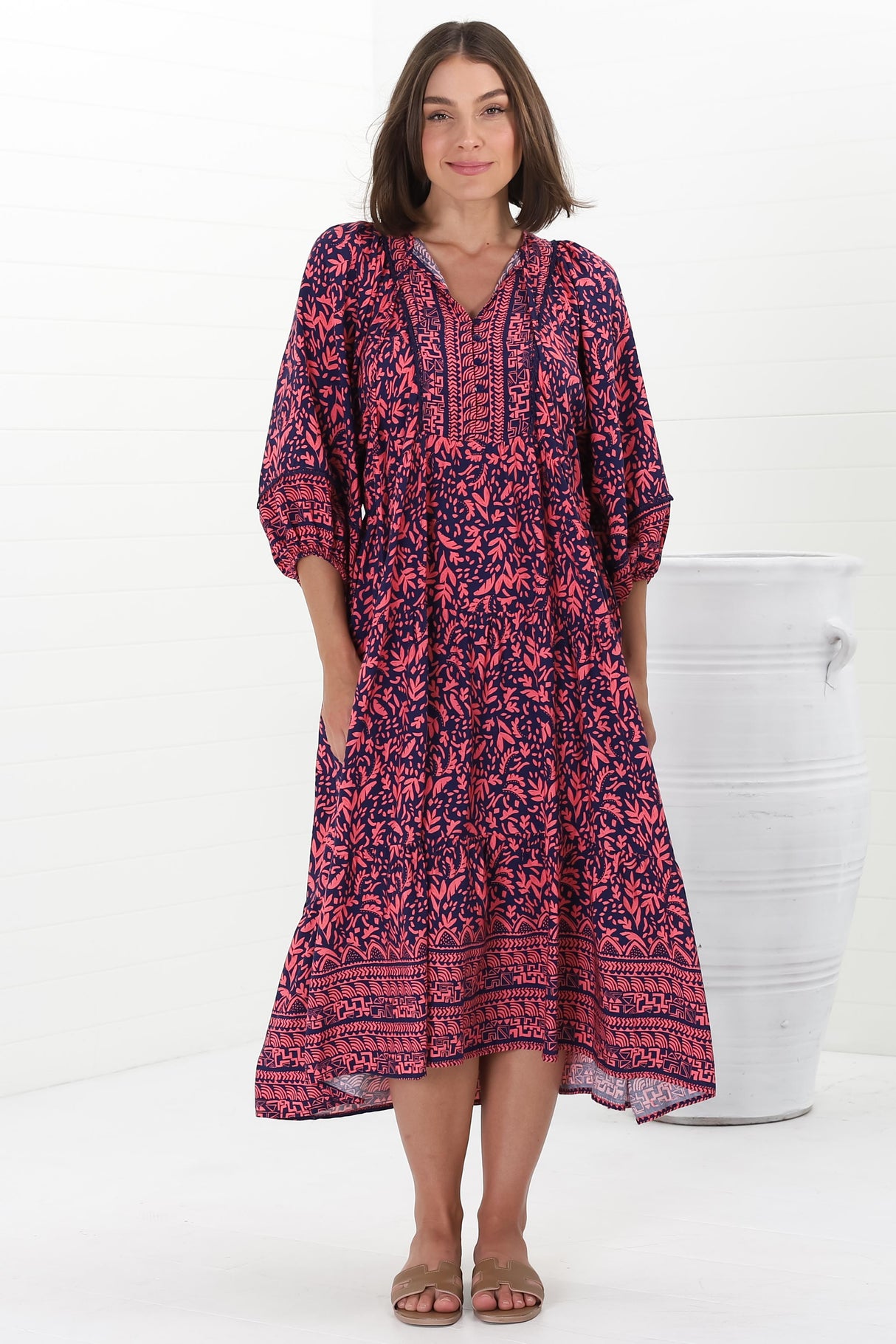 Kamali Midi Dress - Batwing Sleeve Smock Dress with Lace Detailing in Tayler Print Pink