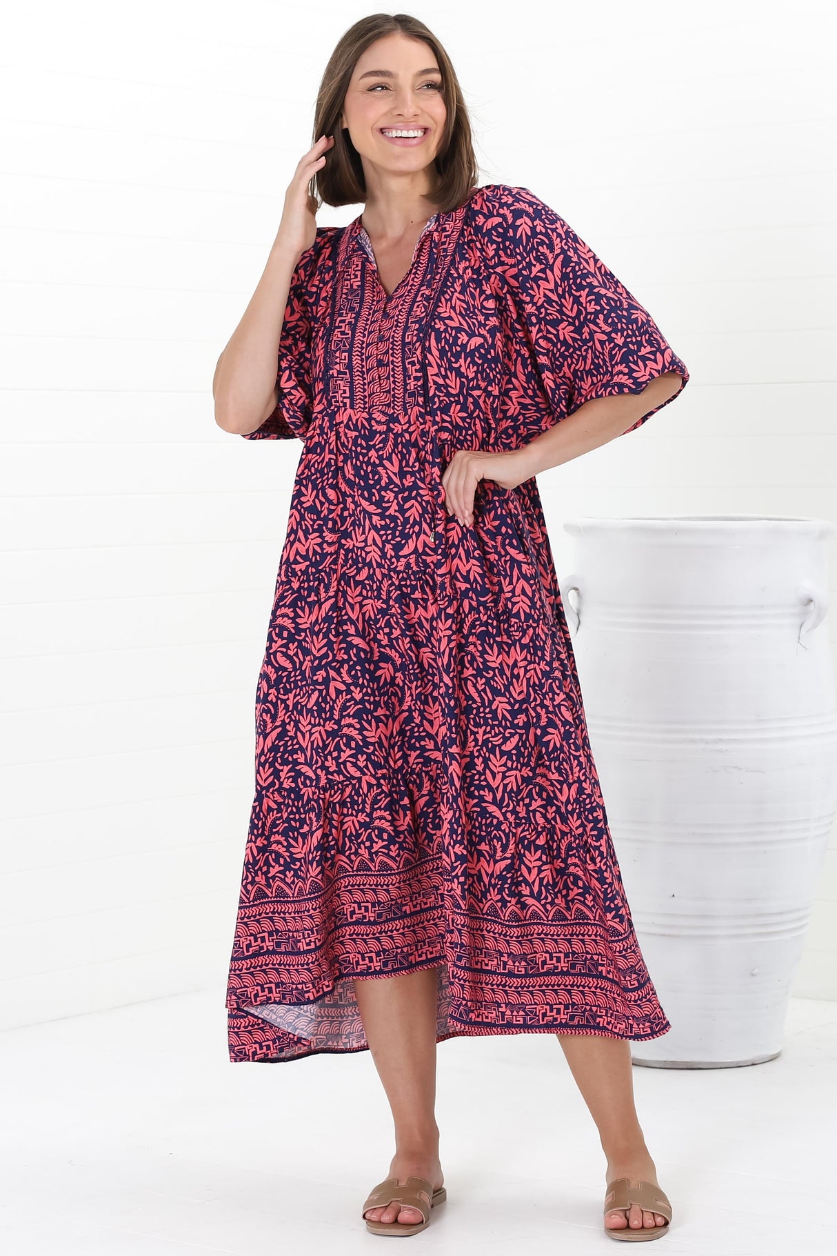 Kamali Midi Dress - Batwing Sleeve Smock Dress with Lace Detailing in Tayler Print Pink