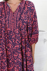 Kamali Midi Dress - Batwing Sleeve Smock Dress with Lace Detailing in Tayler Print Pink