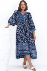 Kamali Midi Dress - Batwing Sleeve Smock Dress with Lace Detailing in Thanya Print Blue