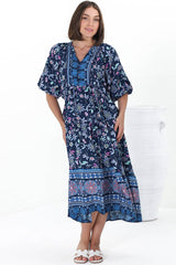 Kamali Midi Dress - Batwing Sleeve Smock Dress with Lace Detailing in Thanya Print Blue