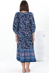 Kamali Midi Dress - Batwing Sleeve Smock Dress with Lace Detailing in Thanya Print Blue