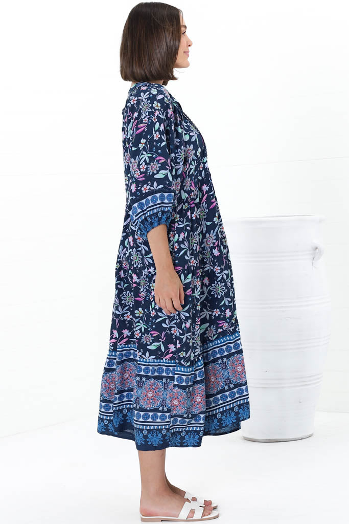 Kamali Midi Dress - Batwing Sleeve Smock Dress with Lace Detailing in Thanya Print Blue