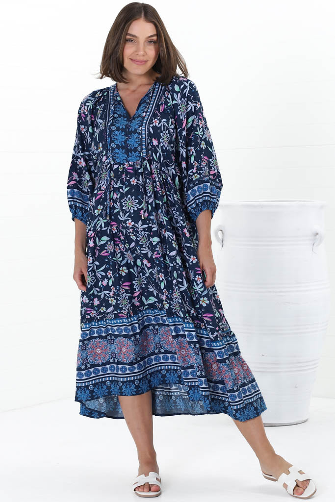 Kamali Midi Dress - Batwing Sleeve Smock Dress with Lace Detailing in Thanya Print Blue