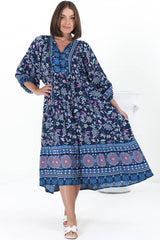 Kamali Midi Dress - Batwing Sleeve Smock Dress with Lace Detailing in Thanya Print Blue