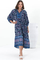 Kamali Midi Dress - Batwing Sleeve Smock Dress with Lace Detailing in Thanya Print Blue