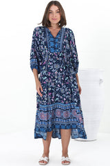 Kamali Midi Dress - Batwing Sleeve Smock Dress with Lace Detailing in Thanya Print Blue