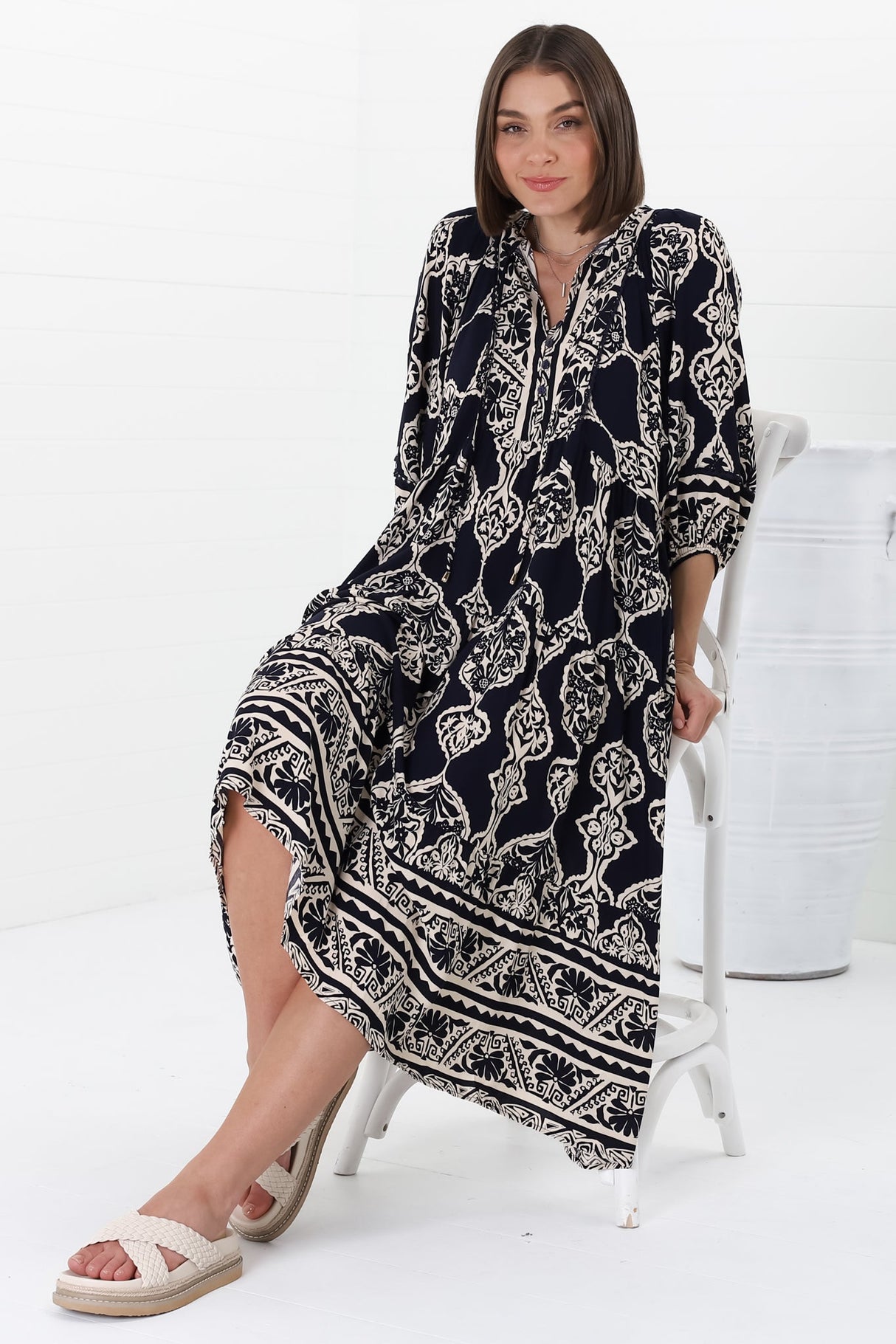 Kamali Midi Dress - Batwing Sleeve Smock Dress with Lace Detailing in Belle Print Navy