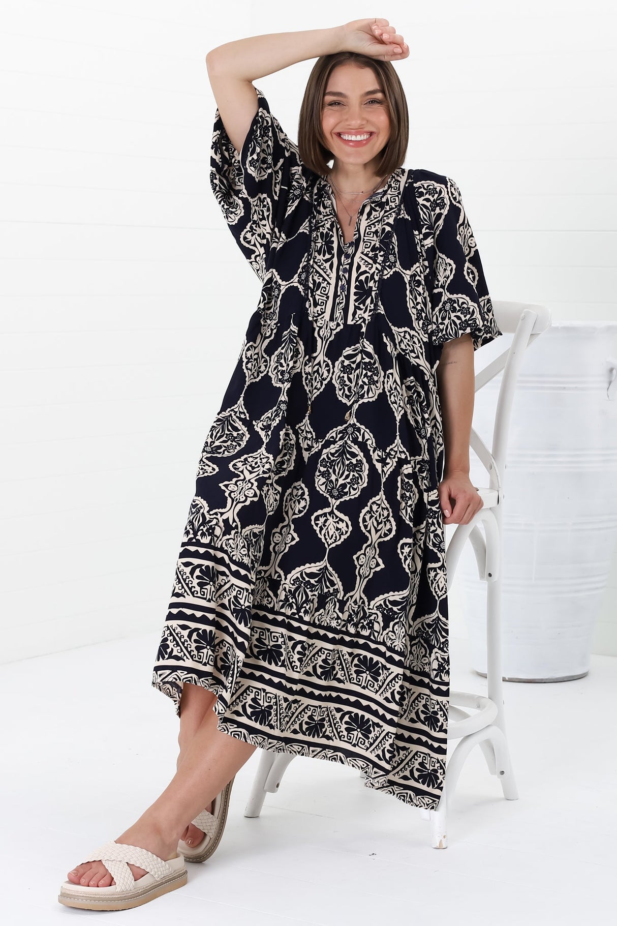 Kamali Midi Dress - Batwing Sleeve Smock Dress with Lace Detailing in Belle Print Navy