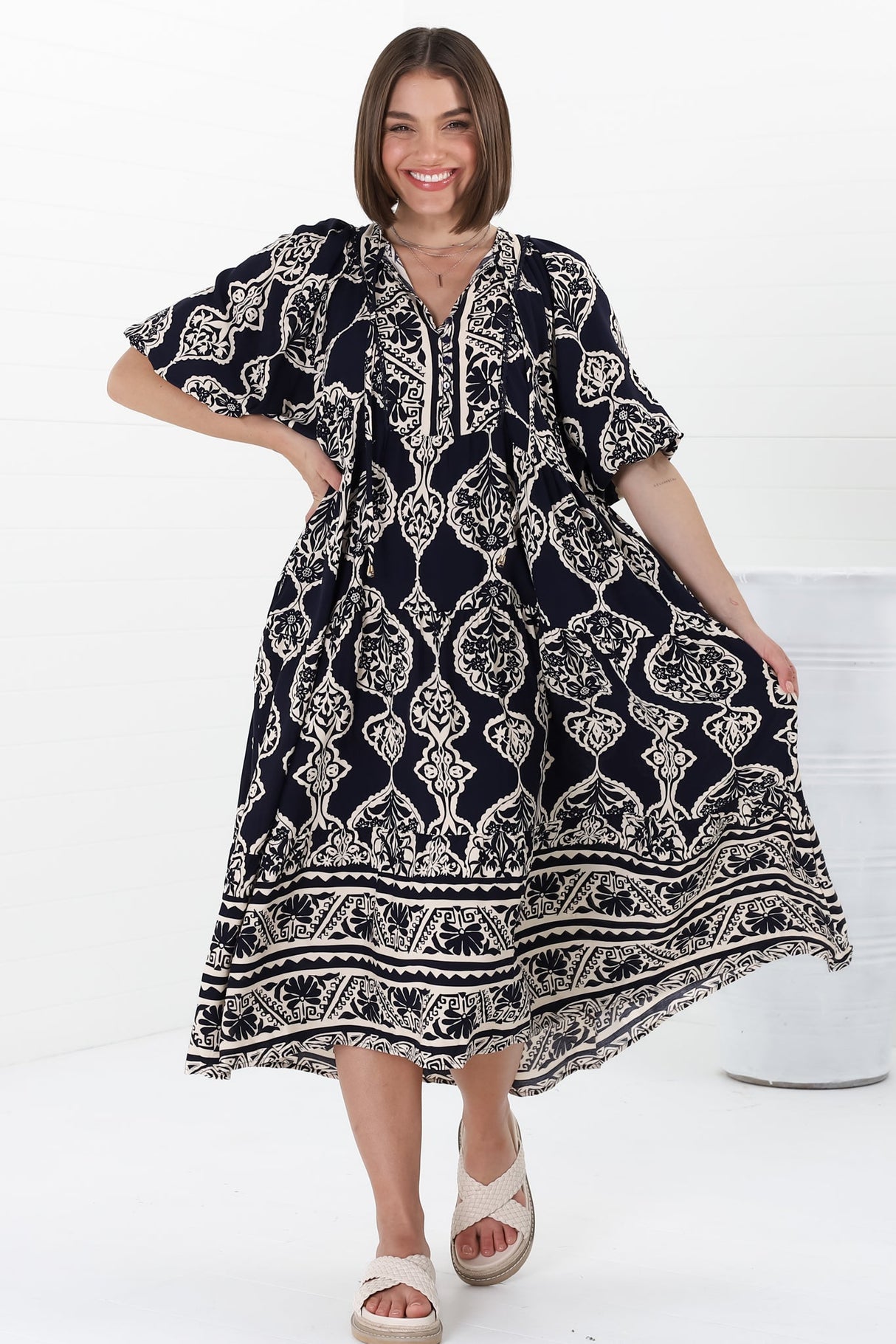 Kamali Midi Dress - Batwing Sleeve Smock Dress with Lace Detailing in Belle Print Navy