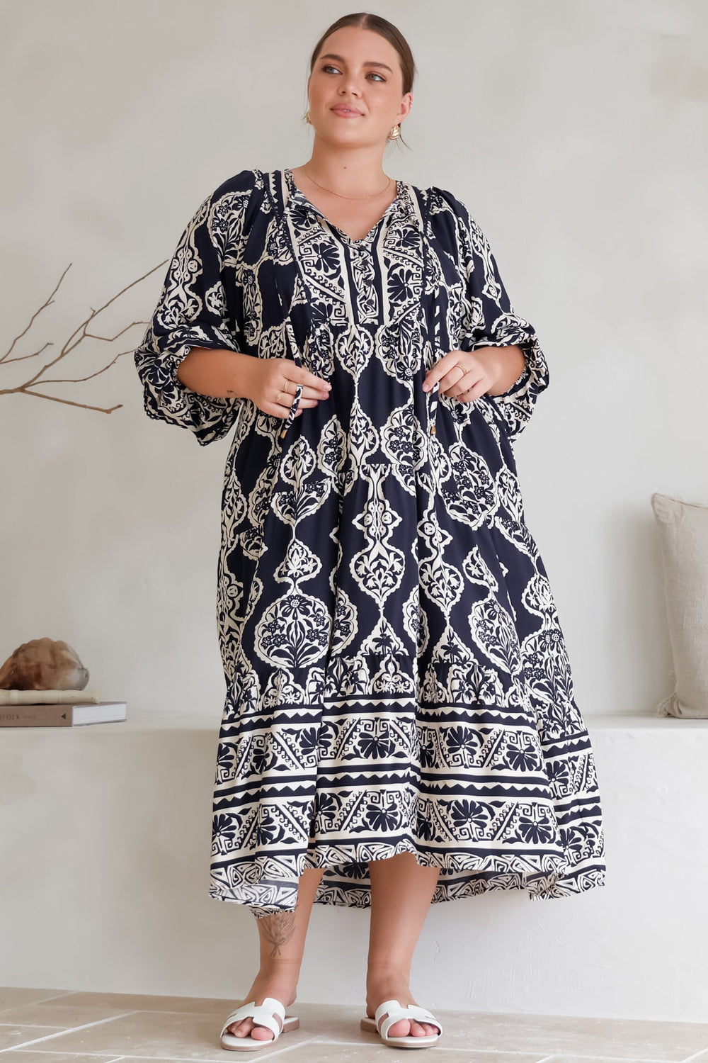 Kamali Midi Dress - Batwing Sleeve Smock Dress with Lace Detailing in Belle Print Navy