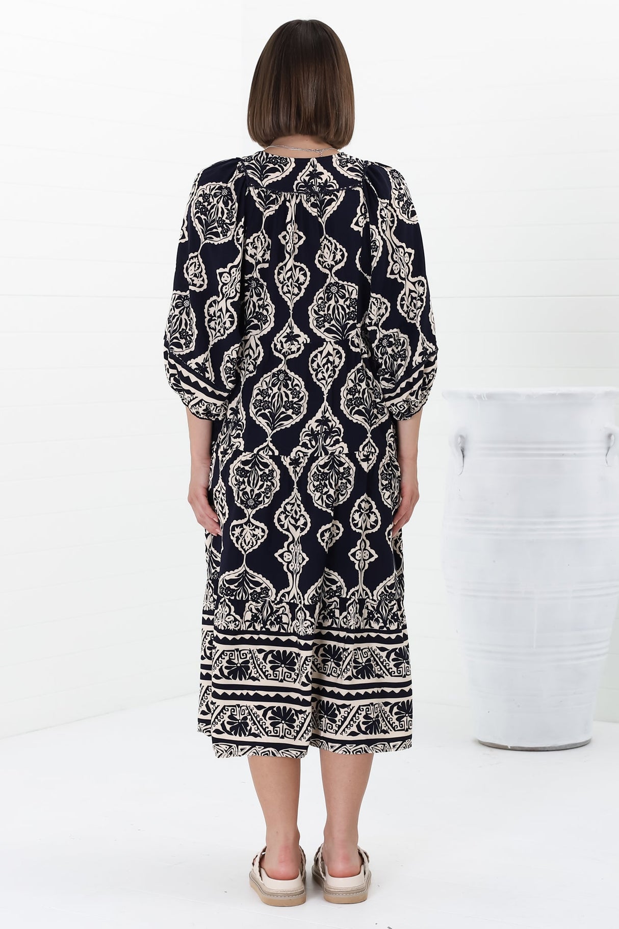 Kamali Midi Dress - Batwing Sleeve Smock Dress with Lace Detailing in Belle Print Navy