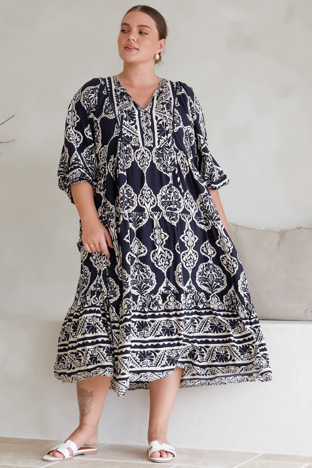 Kamali Midi Dress - Batwing Sleeve Smock Dress with Lace Detailing in Belle Print Navy