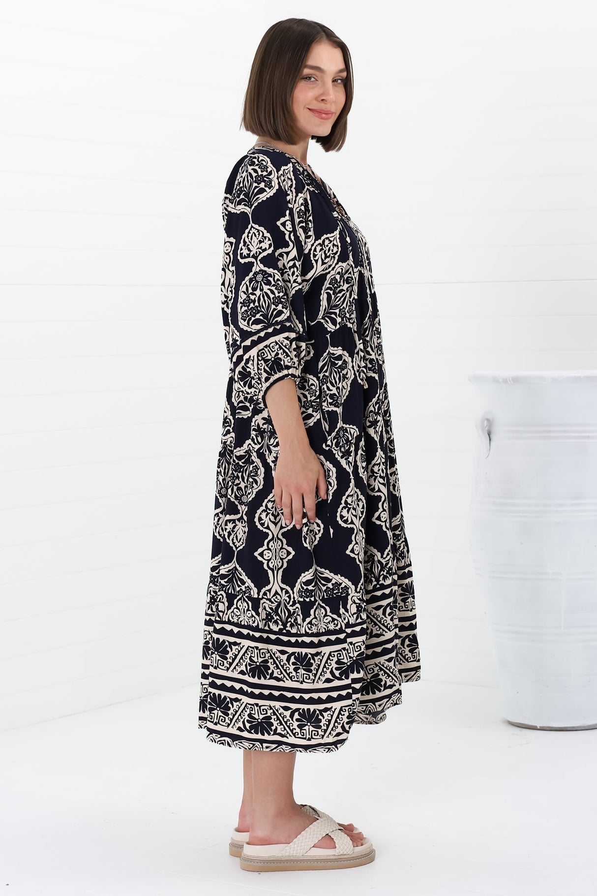 Kamali Midi Dress - Batwing Sleeve Smock Dress with Lace Detailing in Belle Print Navy