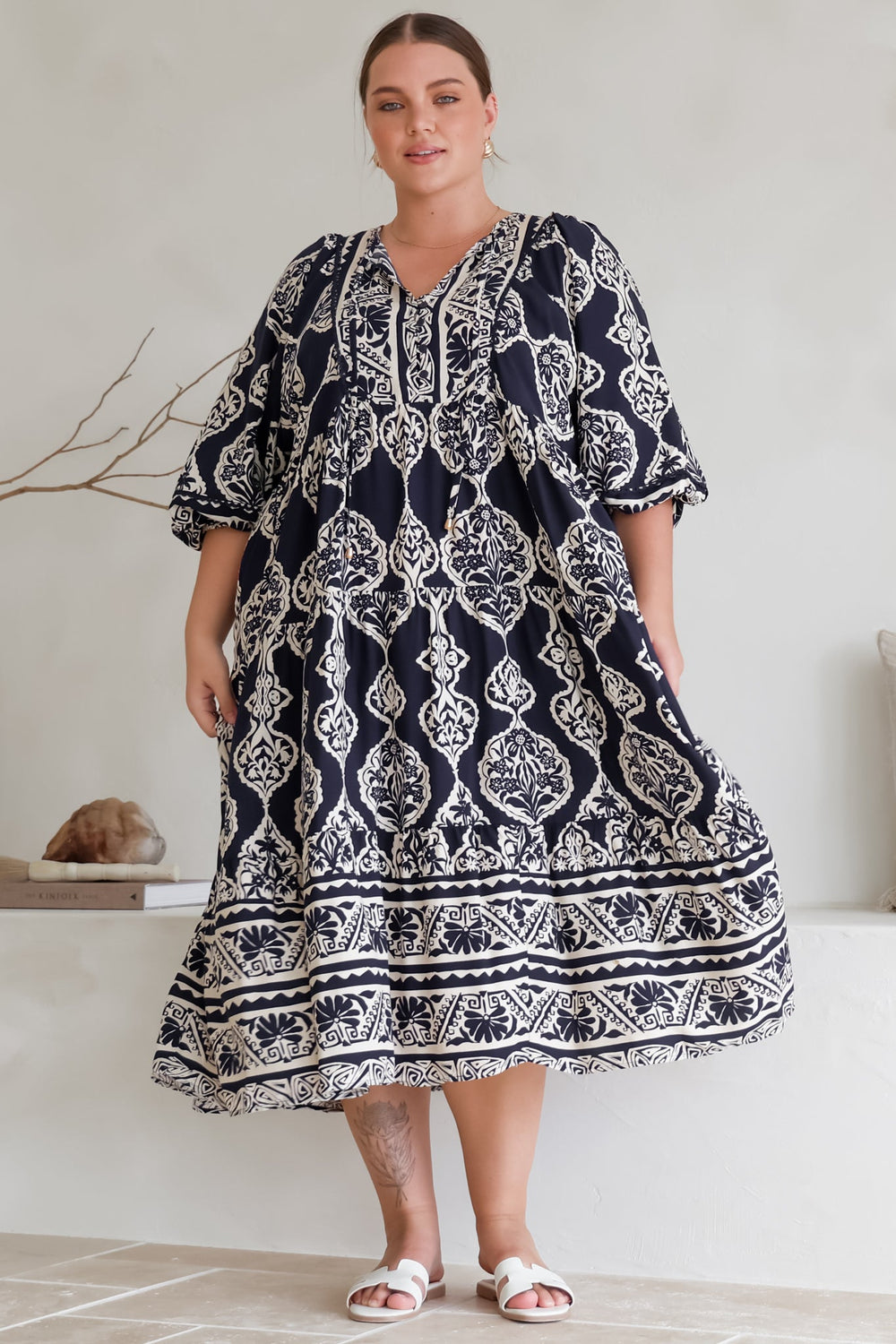 Kamali Midi Dress - Batwing Sleeve Smock Dress with Lace Detailing in Belle Print Navy