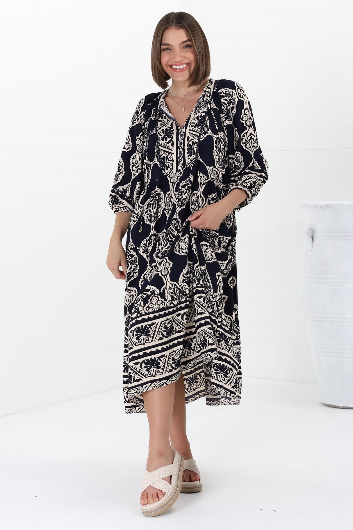 Kamali Midi Dress - Batwing Sleeve Smock Dress with Lace Detailing in Belle Print Navy