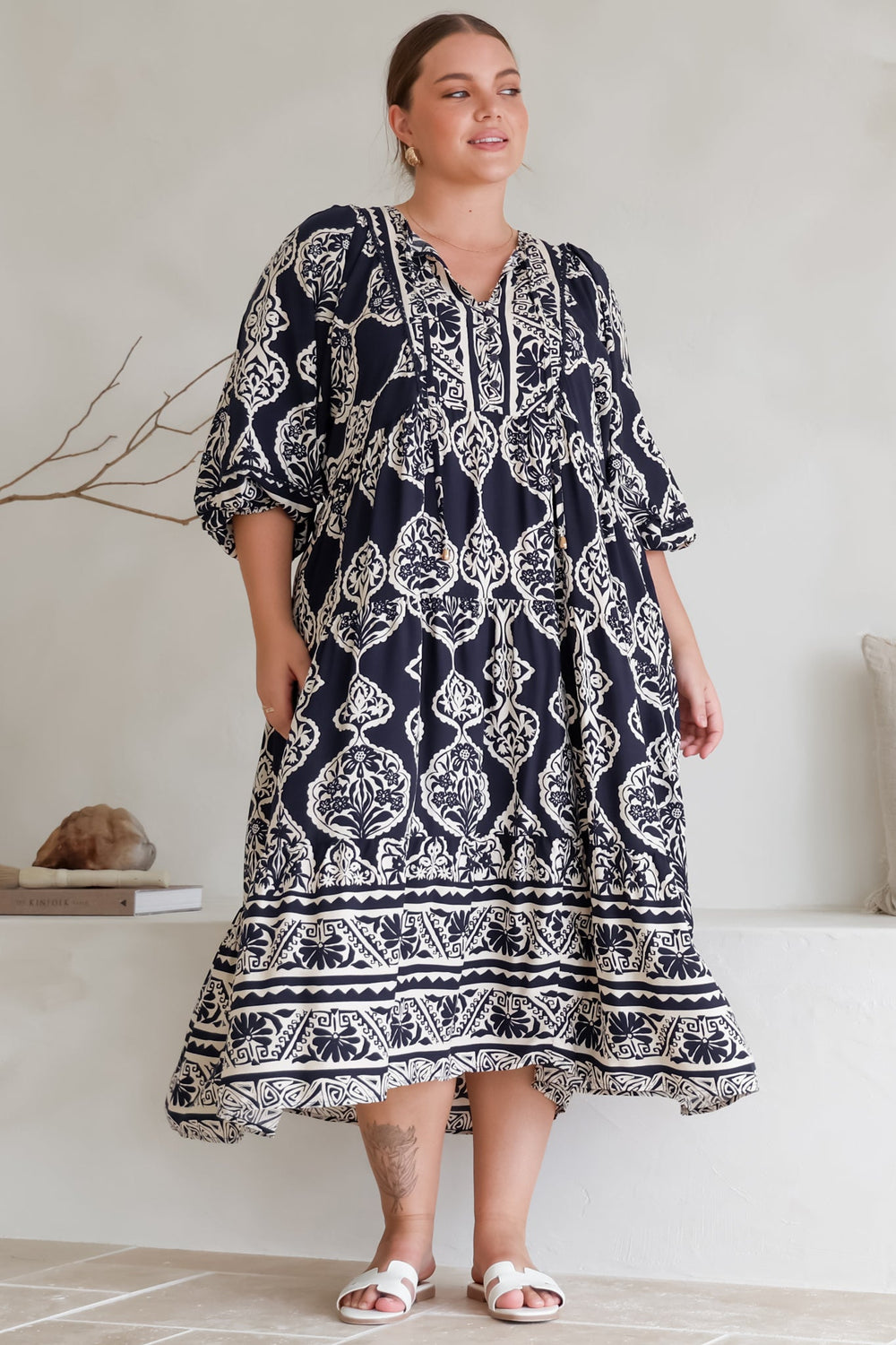 Kamali Midi Dress - Batwing Sleeve Smock Dress with Lace Detailing in Belle Print Navy
