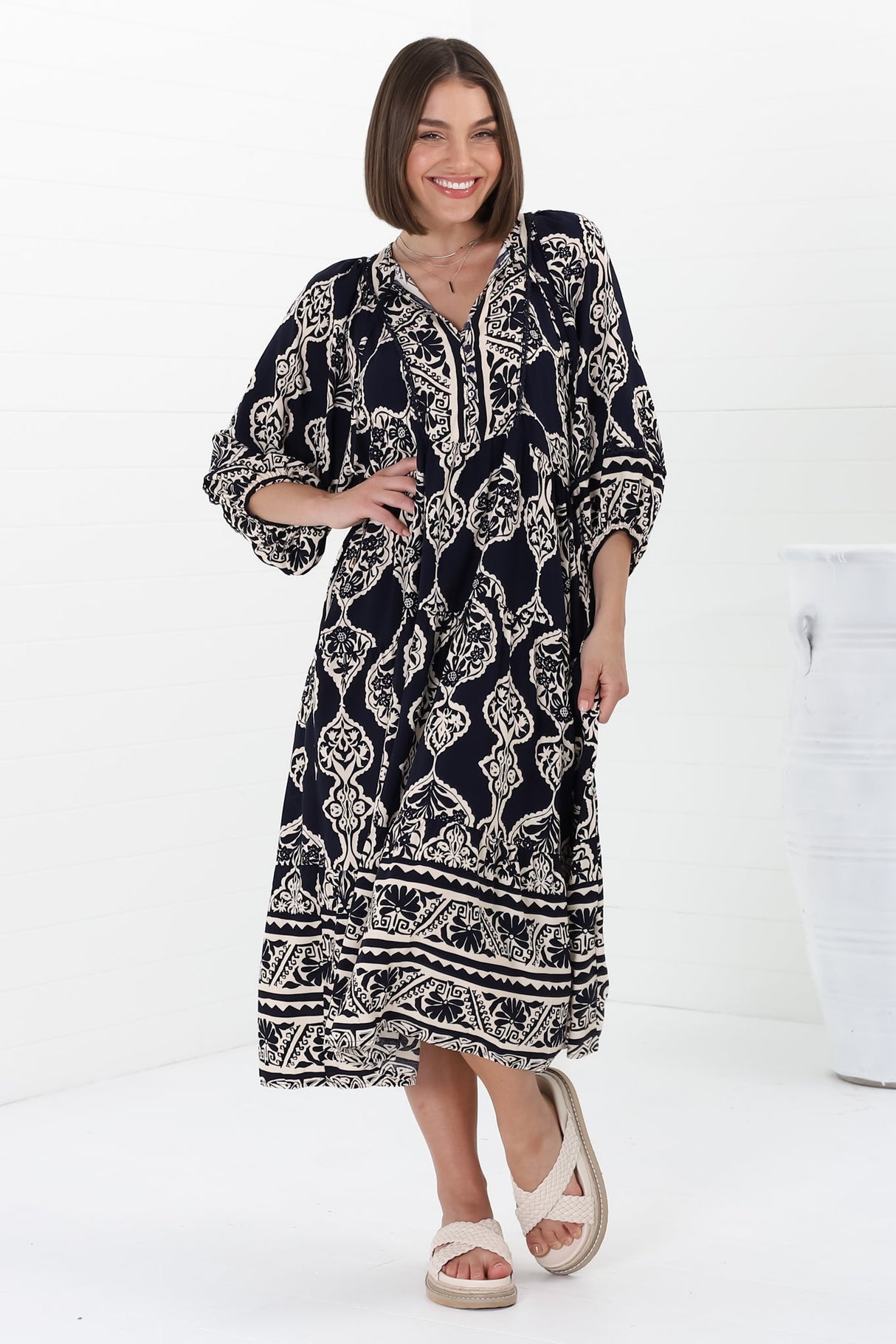 Kamali Midi Dress - Batwing Sleeve Smock Dress with Lace Detailing in Belle Print Navy