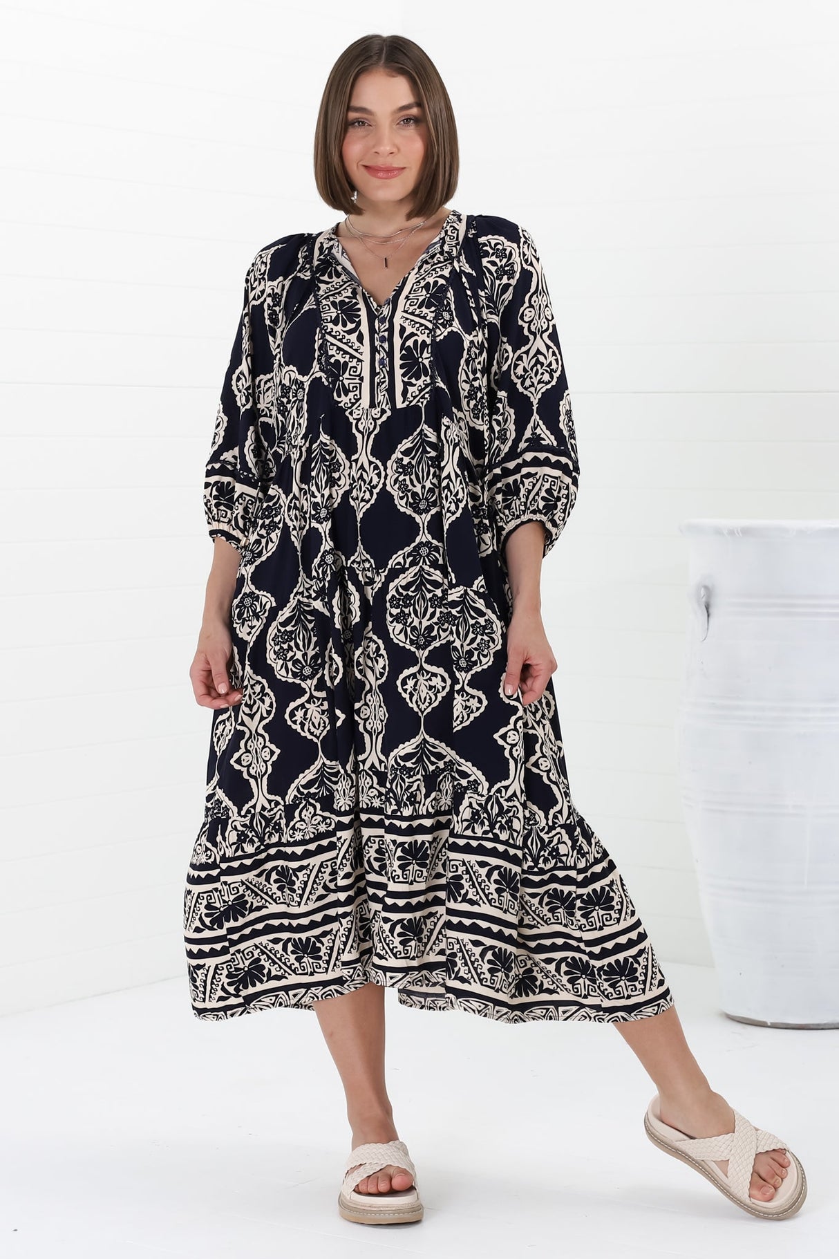 Kamali Midi Dress - Batwing Sleeve Smock Dress with Lace Detailing in Belle Print Navy