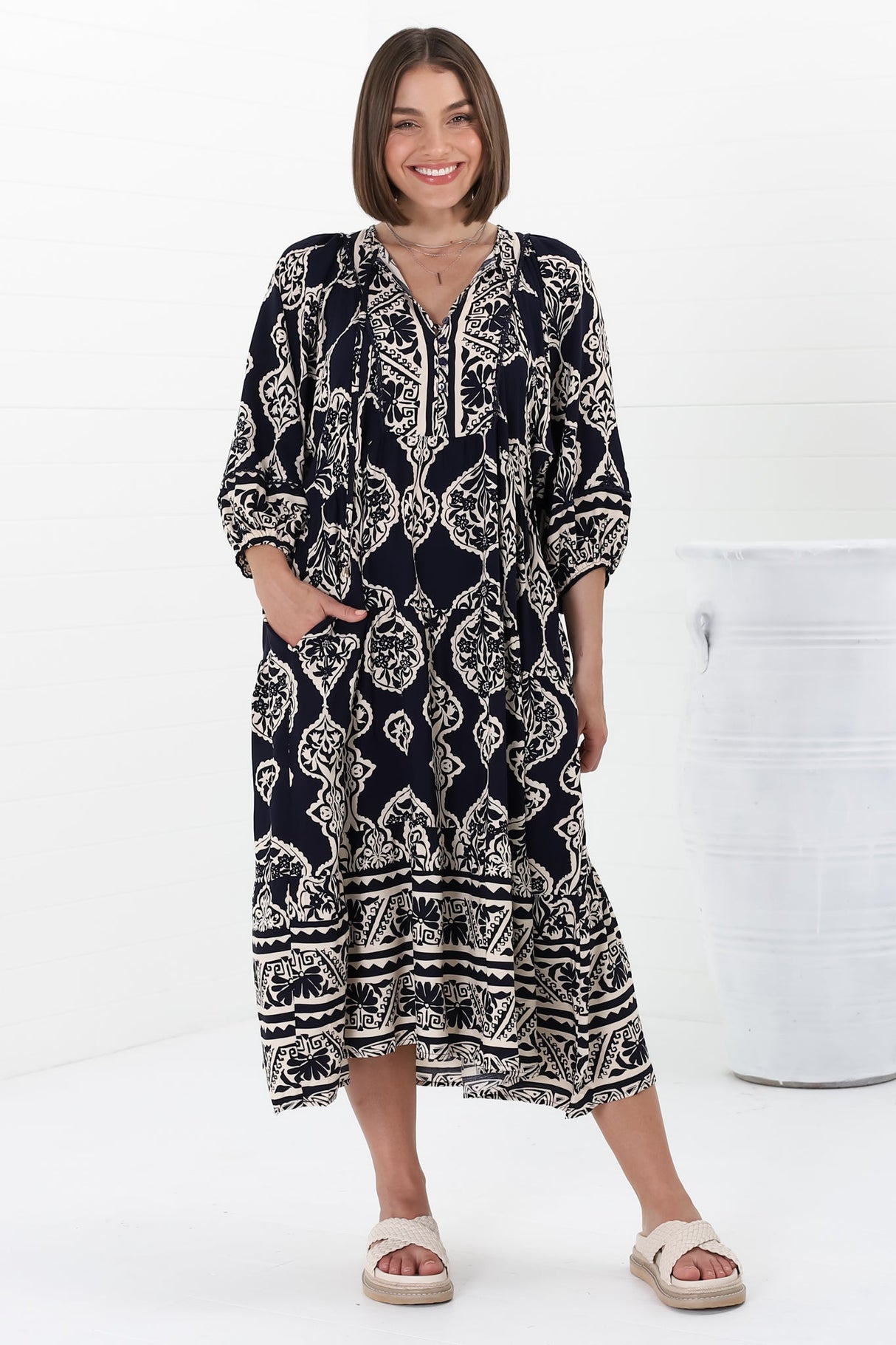 Kamali Midi Dress - Batwing Sleeve Smock Dress with Lace Detailing in Belle Print Navy