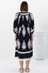 Kamali Midi Dress - Batwing Sleeve Smock Dress with Lace Detailing in Casper Print Navy