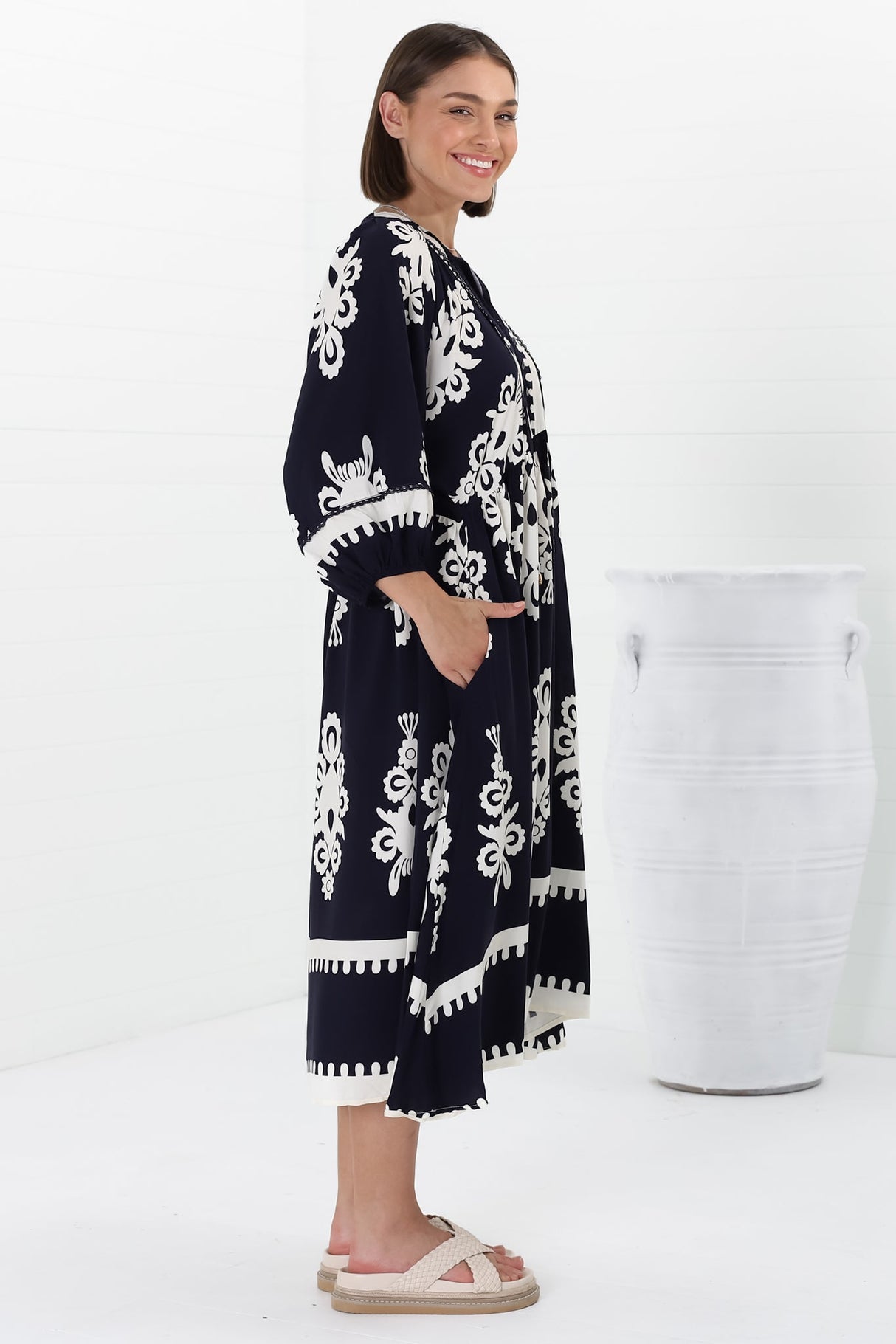 Kamali Midi Dress - Batwing Sleeve Smock Dress with Lace Detailing in Casper Print Navy