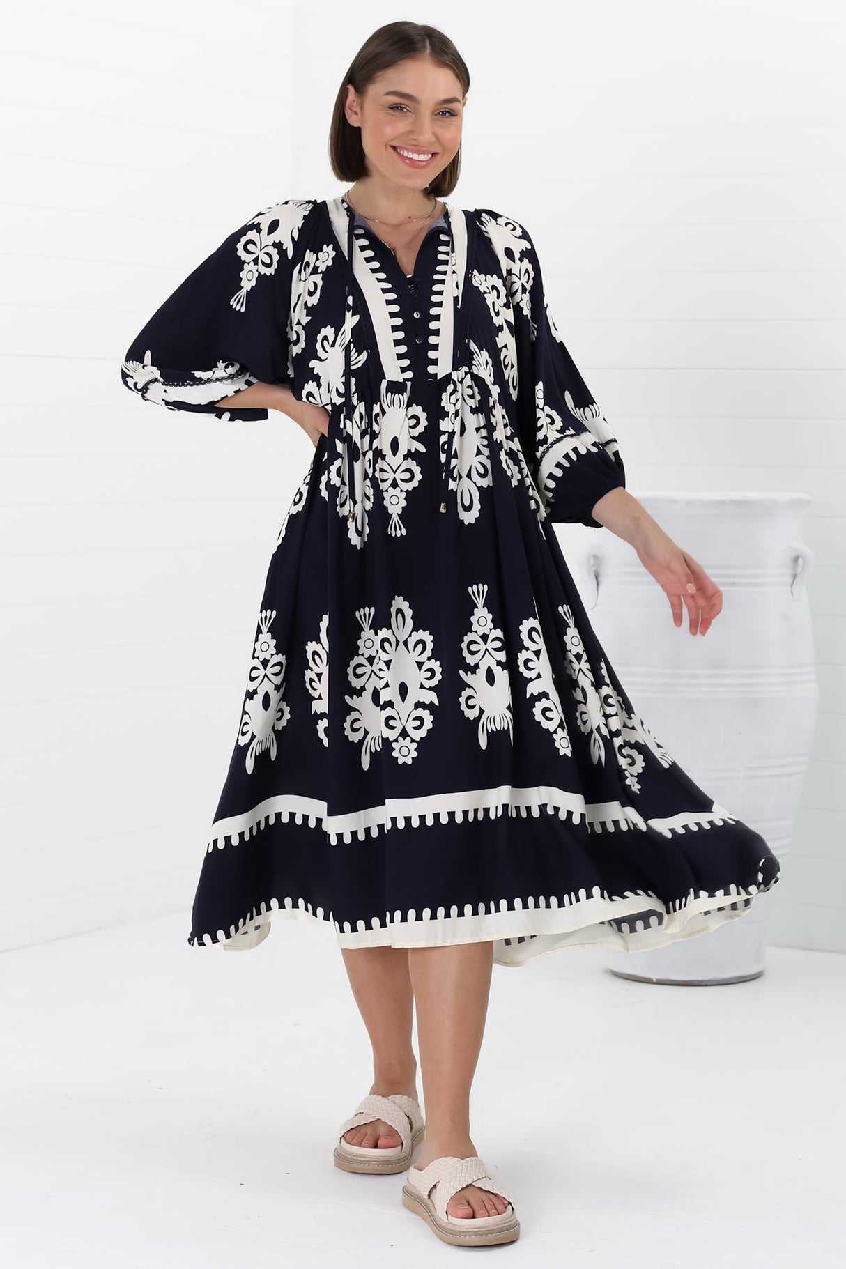 Kamali Midi Dress - Batwing Sleeve Smock Dress with Lace Detailing in Casper Print Navy