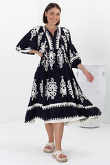 Kamali Midi Dress - Batwing Sleeve Smock Dress with Lace Detailing in Casper Print Navy