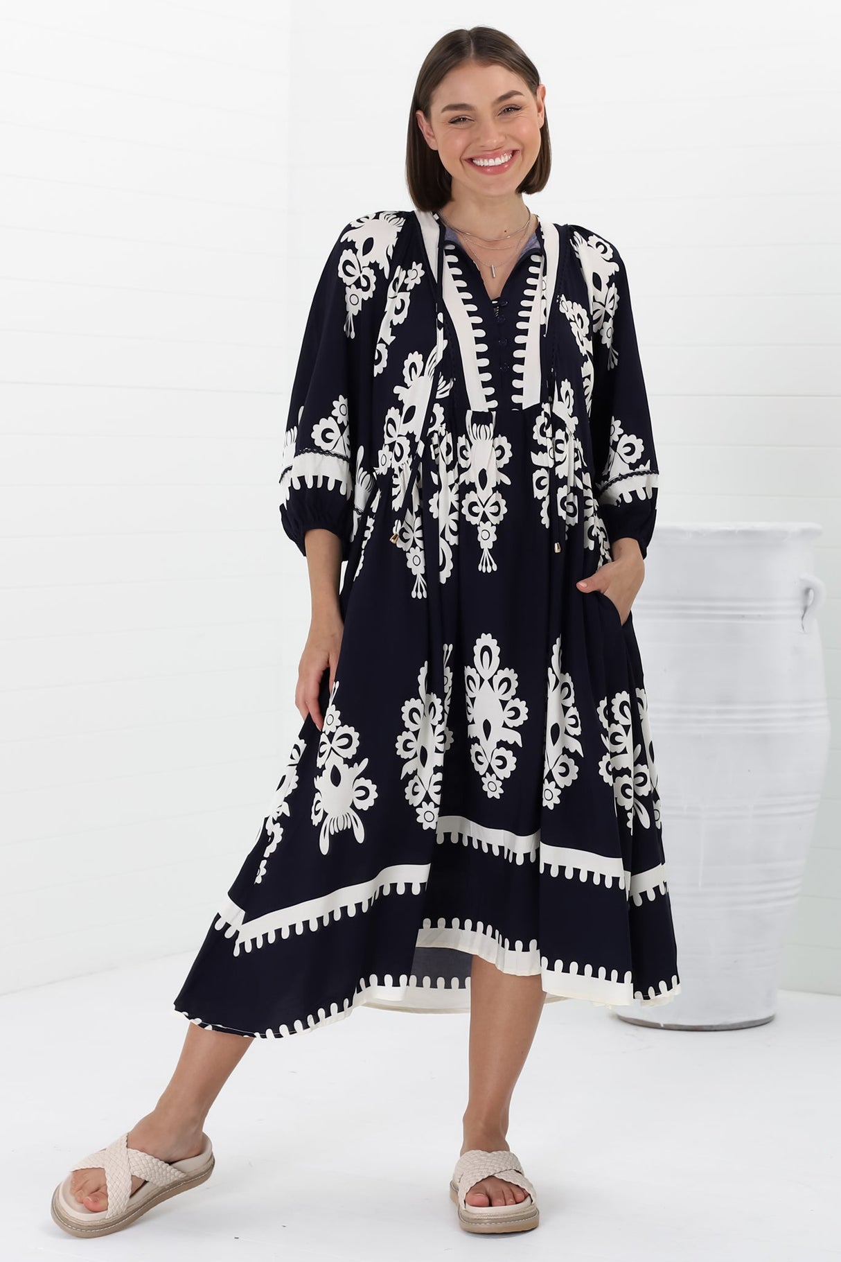 Kamali Midi Dress - Batwing Sleeve Smock Dress with Lace Detailing in Casper Print Navy