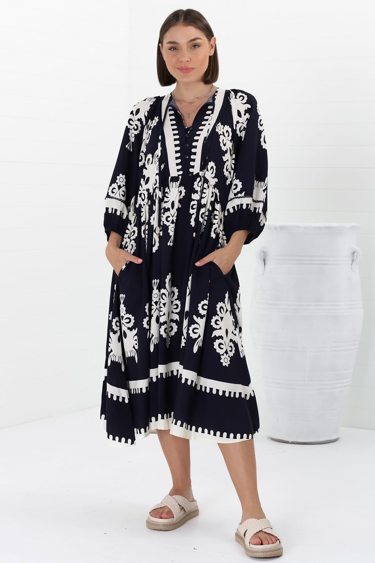 Kamali Midi Dress - Batwing Sleeve Smock Dress with Lace Detailing in Casper Print Navy