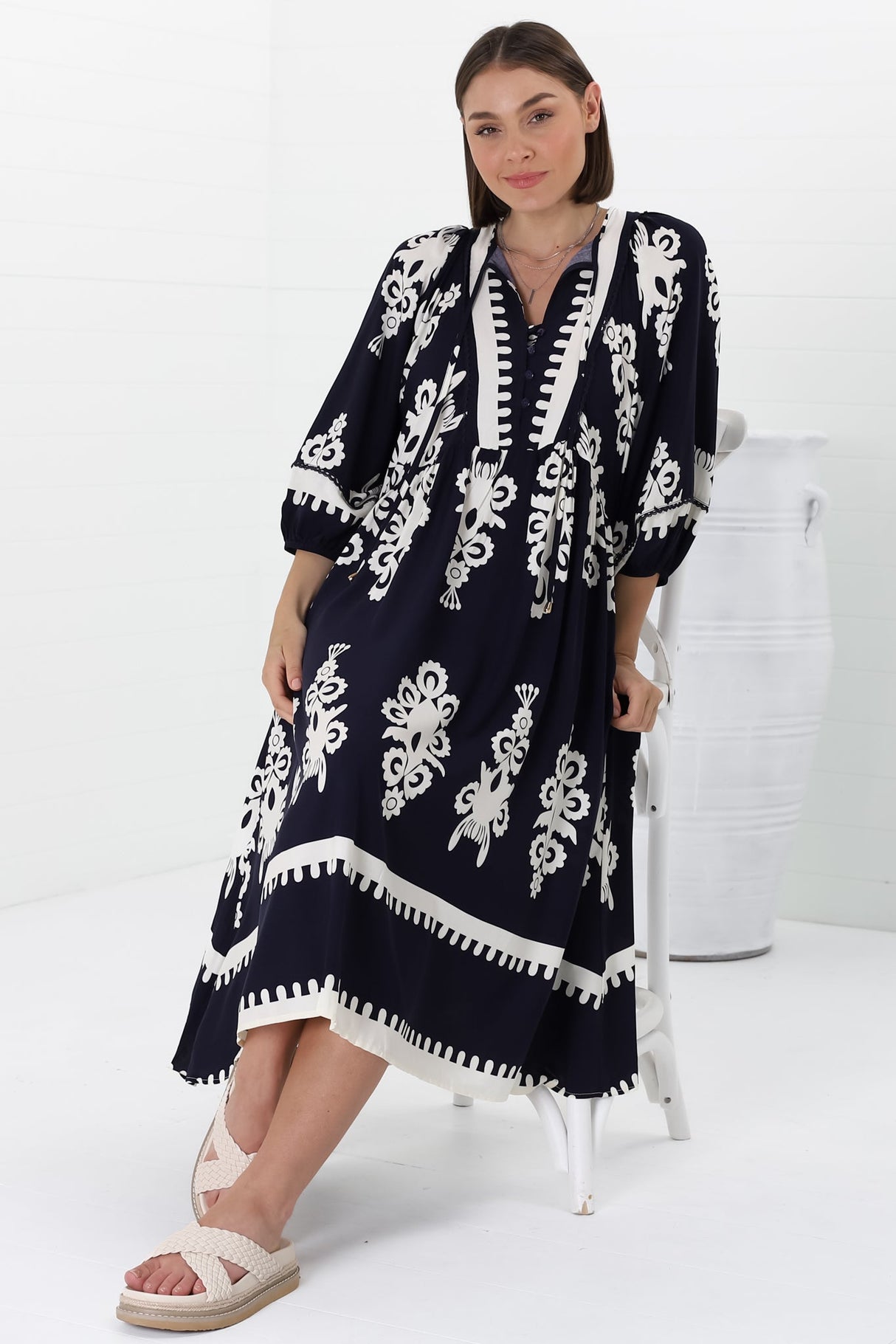 Kamali Midi Dress - Batwing Sleeve Smock Dress with Lace Detailing in Casper Print Navy