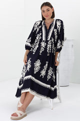 Kamali Midi Dress - Batwing Sleeve Smock Dress with Lace Detailing in Casper Print Navy