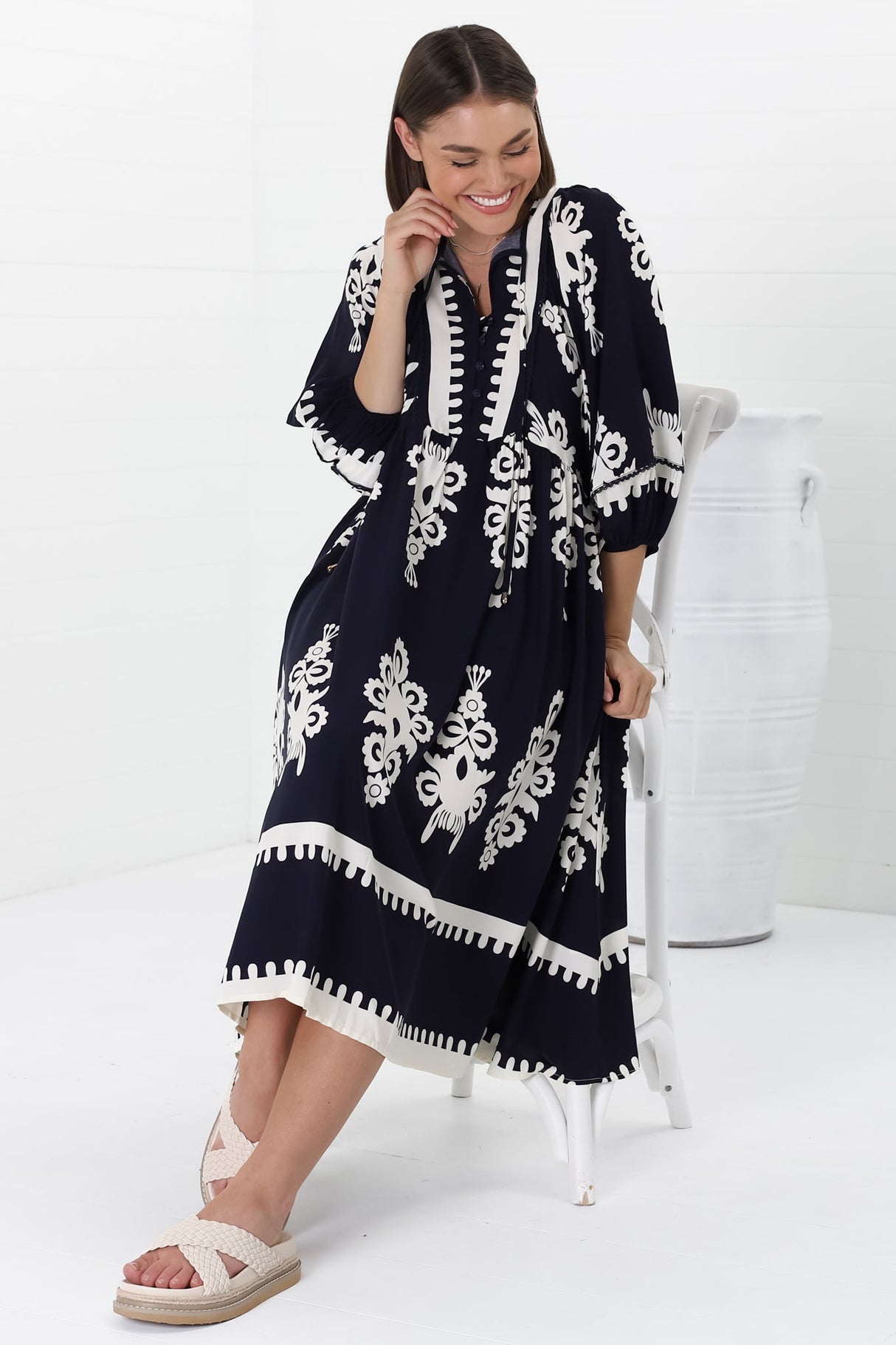 Kamali Midi Dress - Batwing Sleeve Smock Dress with Lace Detailing in Casper Print Navy