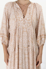 Kamali Midi Dress - Batwing Sleeve Smock Dress with Lace Detailing in Harley Print Beige