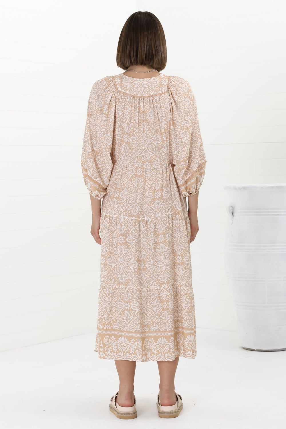 Kamali Midi Dress - Batwing Sleeve Smock Dress with Lace Detailing in Harley Print Beige