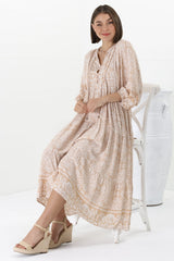 Kamali Midi Dress - Batwing Sleeve Smock Dress with Lace Detailing in Harley Print Beige