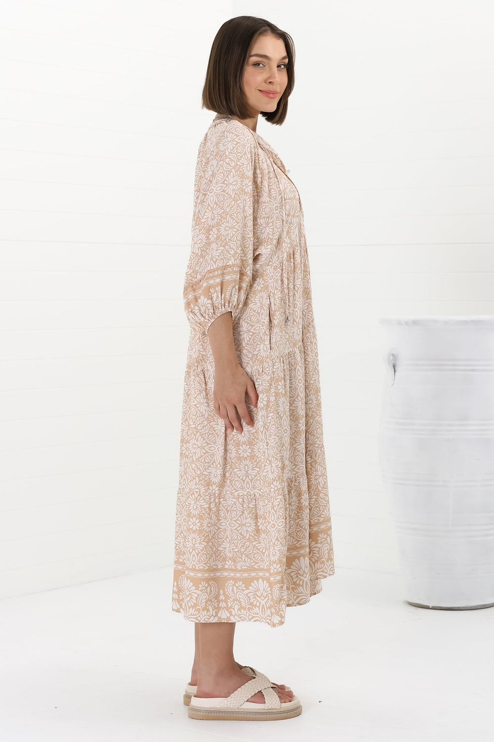 Kamali Midi Dress - Batwing Sleeve Smock Dress with Lace Detailing in Harley Print Beige