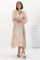 Kamali Midi Dress - Batwing Sleeve Smock Dress with Lace Detailing in Harley Print Beige