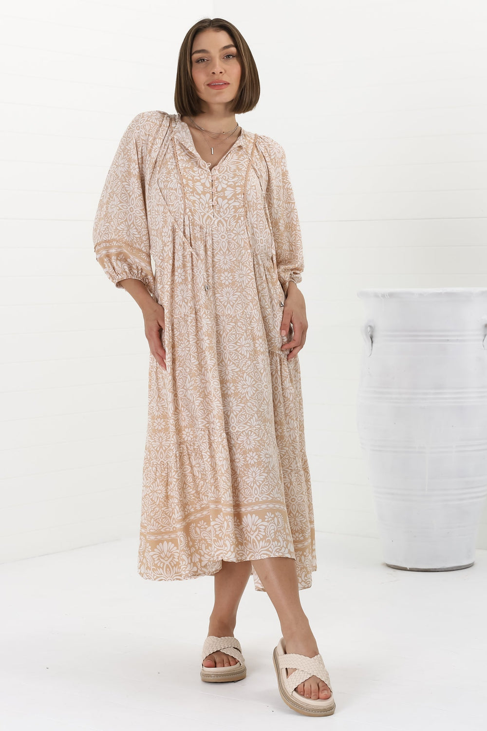 Kamali Midi Dress - Batwing Sleeve Smock Dress with Lace Detailing in Harley Print Beige