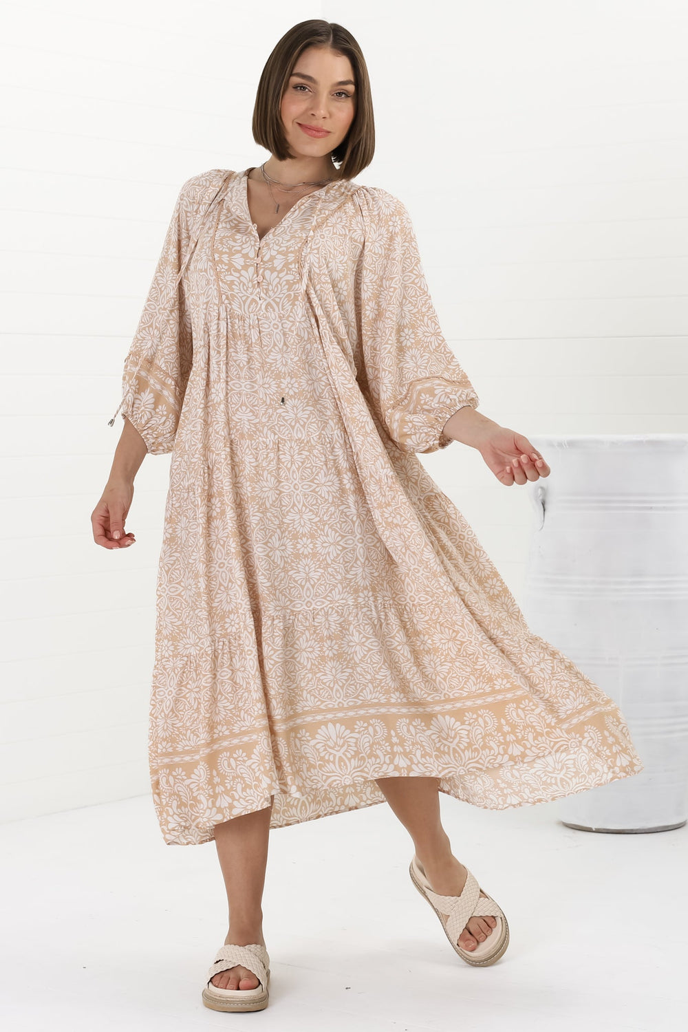 Kamali Midi Dress - Batwing Sleeve Smock Dress with Lace Detailing in Harley Print Beige