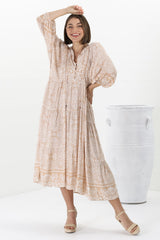 Kamali Midi Dress - Batwing Sleeve Smock Dress with Lace Detailing in Harley Print Beige