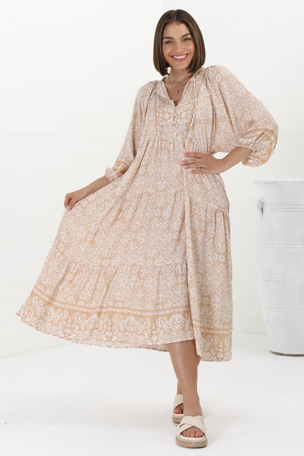Kamali Midi Dress - Batwing Sleeve Smock Dress with Lace Detailing in Harley Print Beige