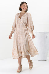 Kamali Midi Dress - Batwing Sleeve Smock Dress with Lace Detailing in Harley Print Beige